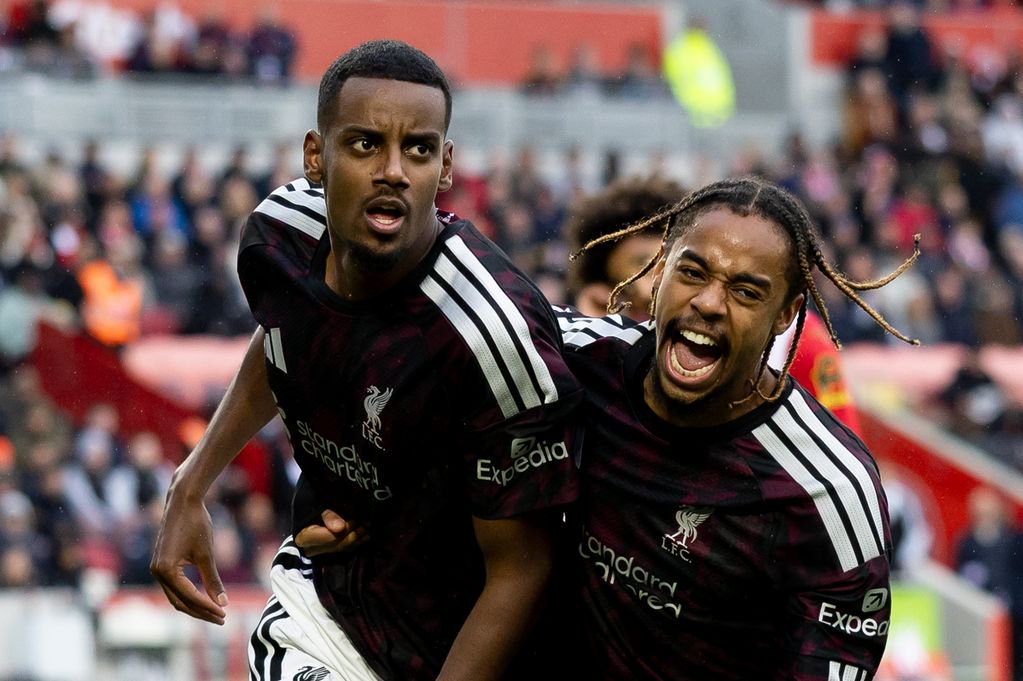 Alexander Isak celebrates with Bradley Barcola after scoring for Liverpool against Brentford.