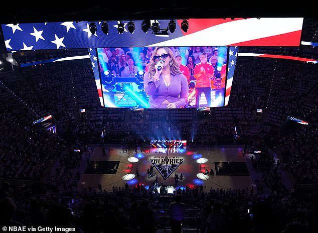 The WNBA’s Atlanta Dream and Golden State Valkyries took park in warmups before exiting the court at the Chase Center, only to reappear after Dinah Jane completed her performance