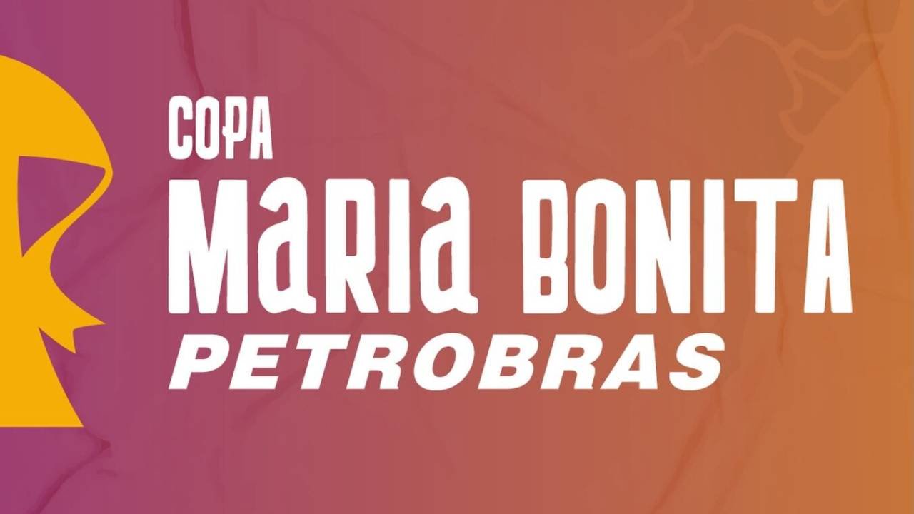 Fundo gradiente roxo e laranja com texto branco COPA MARIA BONITA PETROBRAS. À esquerda, silhueta amarela de uma pessoa com chapéu de cangaceiro.