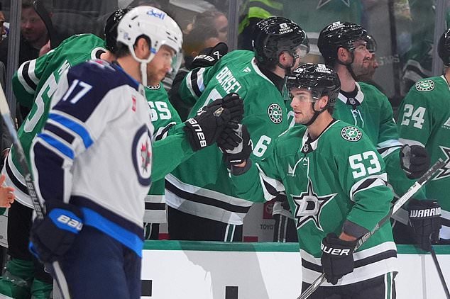Dallas Stars center Wyatt Johnston (53) is congratulated after scoring against the Winnipeg Jets during the second period of an NHL hockey game Thursday, Oct. 22, 2026, in Dallas. (AP Photo/LM Otero)