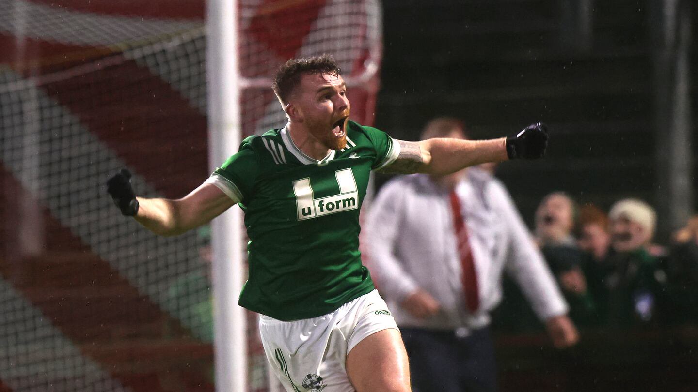 Newbridge's Ciaran Brooks celebrates scoring the winning point in the Derry SFC final. Pic: John McVitty
