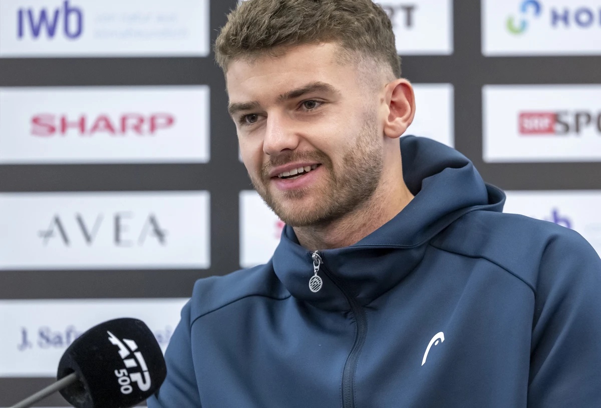 Switzerland's Jerome Kym during a press conference at the Swiss Indoors tennis tournament at the St. Jakobshalle in Basel, Switzerland, on Sunday, October 25, 2026. (KEYSTONE/Georgios Kefalas)
