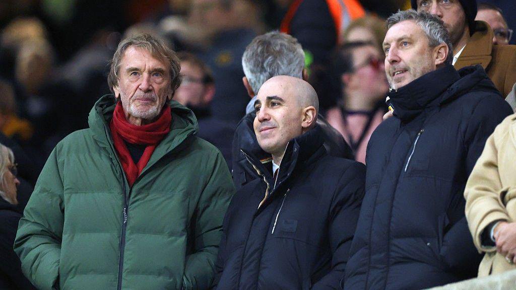 Manchester United minority owner Sir Jim Ratcliffe (left), with chief executive Omar Berrada (centre) and director of football Jason Wilcox