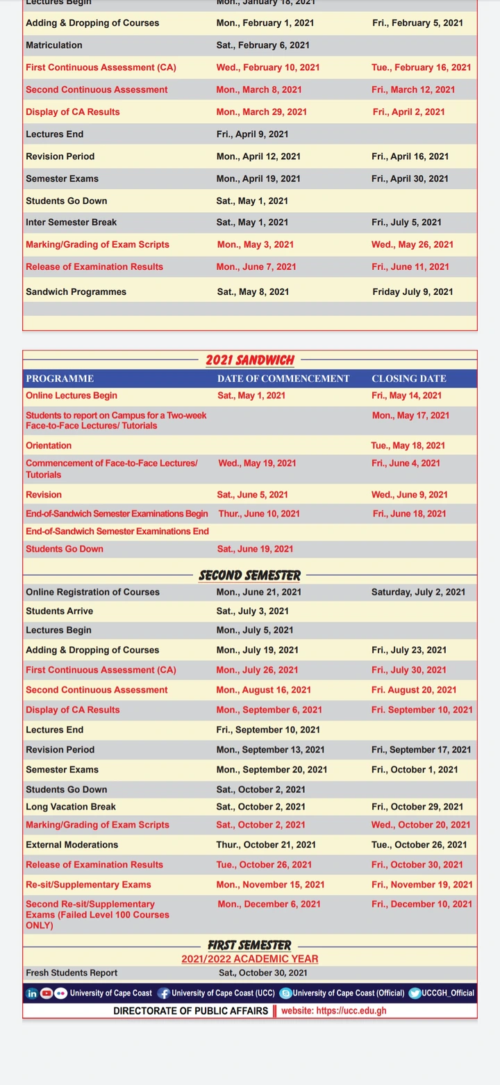 UCC Releases Academic Calendar For The Year [SEE CALENDAR]