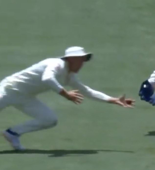 Later on Sunday, Labuschagne (left) then produced another epic catch to dismiss Will Jacks with another stunner