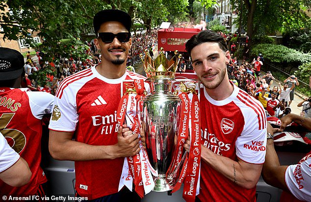 Saliba pictured holding the Premier League trophy with Declan Rice during Arsenal's parade