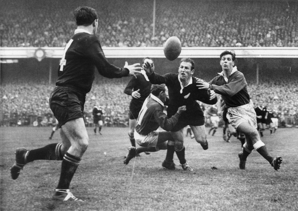 Keri Jones tackling Fergie McCormick while playing for Wales against New Zealand in November 1967