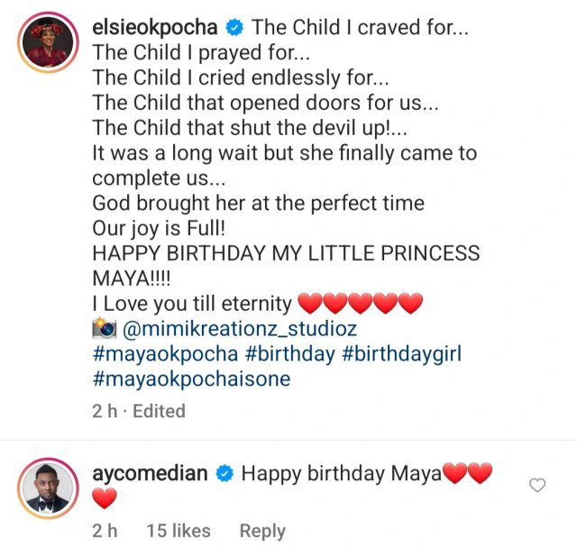 AY comedian puts beef with Basketmouth aside to celebrate his daughter, Maya, as she turns one
