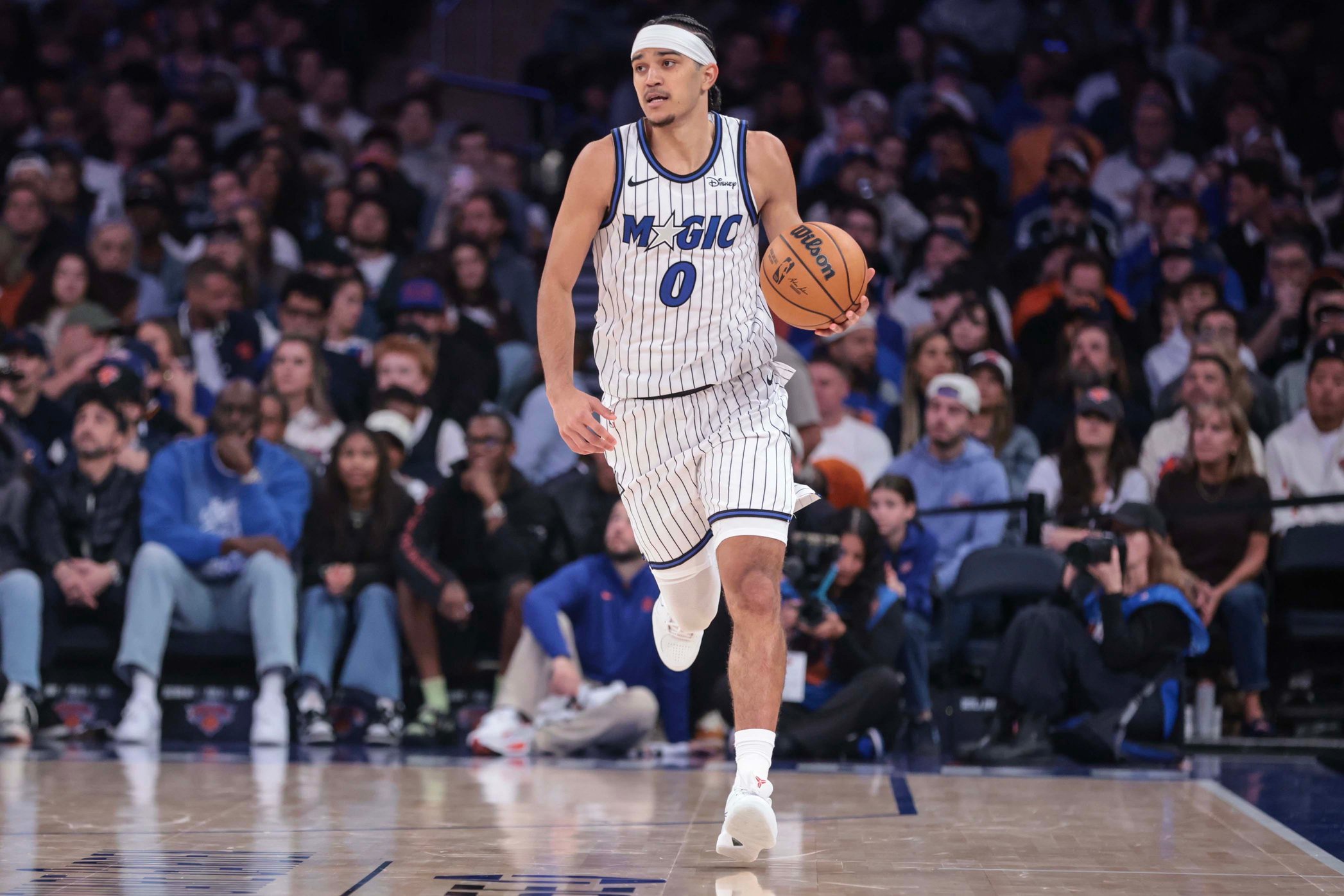 Oct 25, 2026; New York, New York, USA;  Orlando Magic guard Anthony Black (0) brings the ball up court in the third quarter against the New York Knicks at Madison Square Garden. Mandatory Credit: Wendell Cruz-Imagn Images