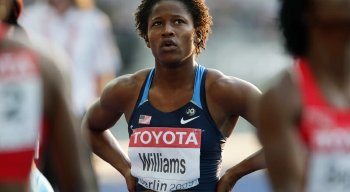 American sprinter Lauryn Williams takes a breather during the women's 100-metre final competition.