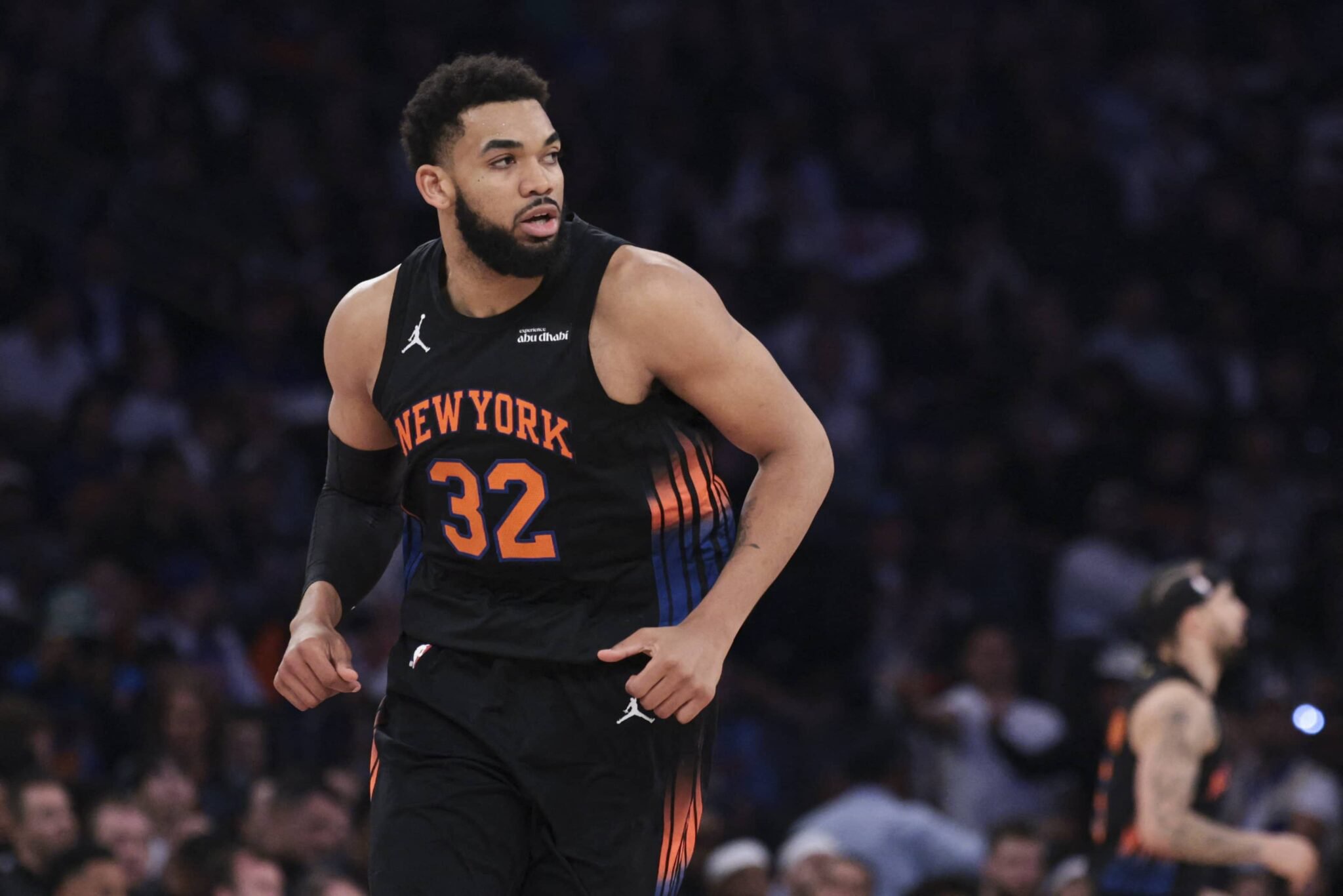 New York, New York, USA; New York Knicks center Karl-Anthony Towns (32) reacts against the Cleveland Cavaliers during the second quarter of Game 2 of the Eastern Conference Finals of the 2026 NBA playoffs at Madison Square Garden. Mandatory Credit: Vincent Carchietta-Imagn Images