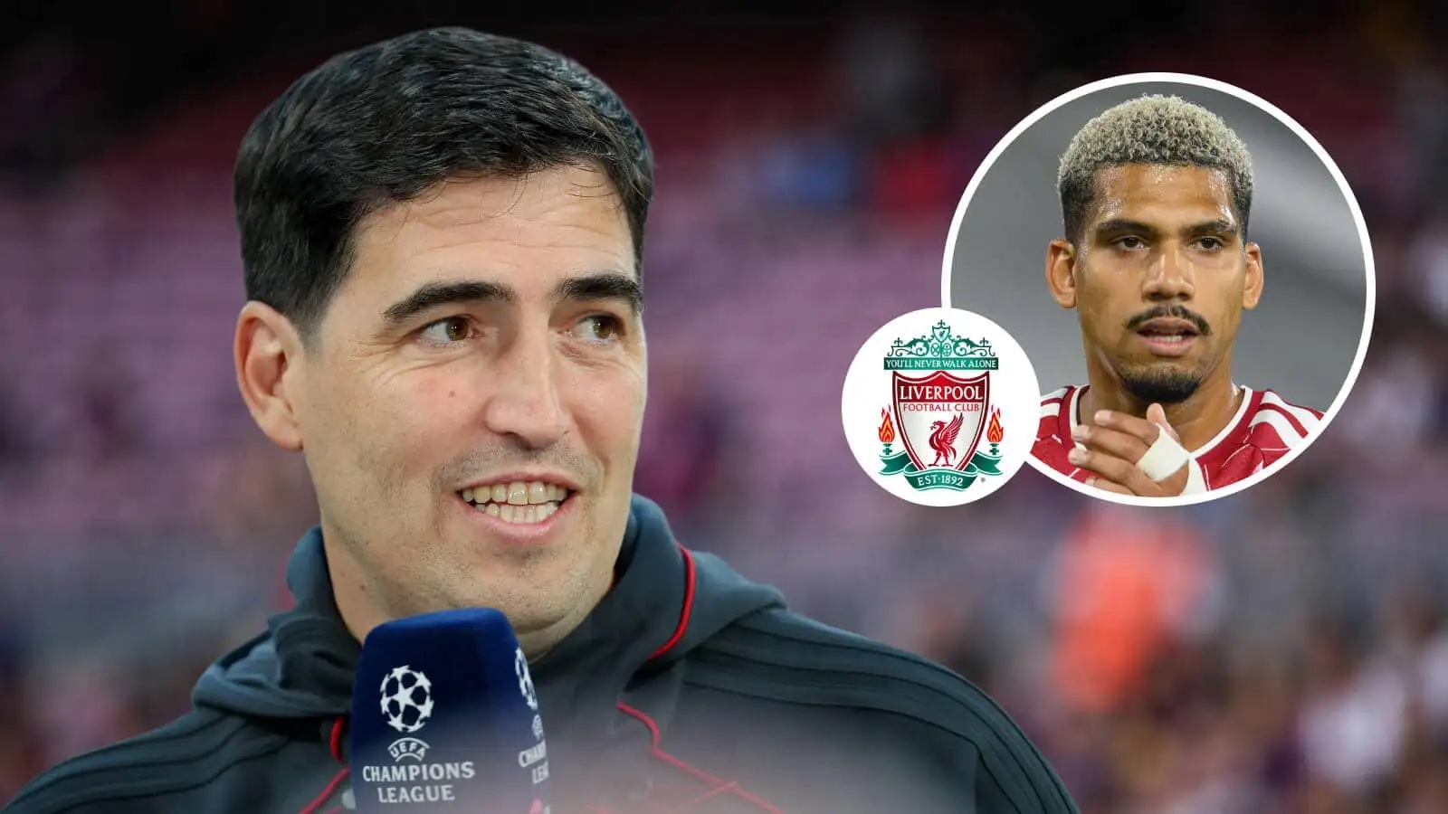 Liverpool manager Andoni Iraola and, inset, loanee Ronald Araujo next to the club badge