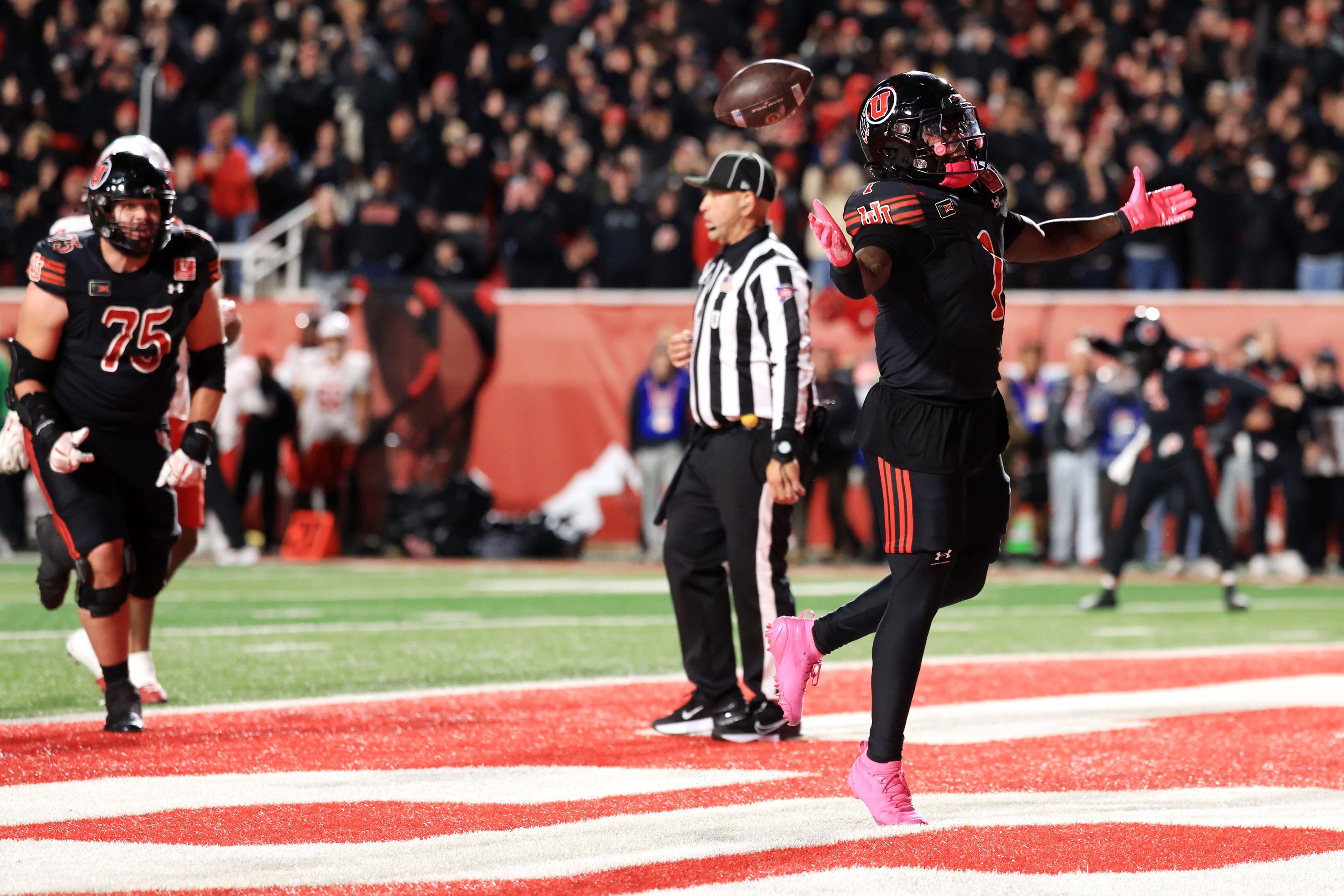 Oct 24, 2026; Salt Lake City, Utah, USA;  Utah Utes running back Wayshawn Parker (1) celebrates after scoring a touchdown during the fourth quarter against the Houston Cougars at Rice-Eccles Stadium.  Mandatory Credit: Rob Gray-Imagn Images