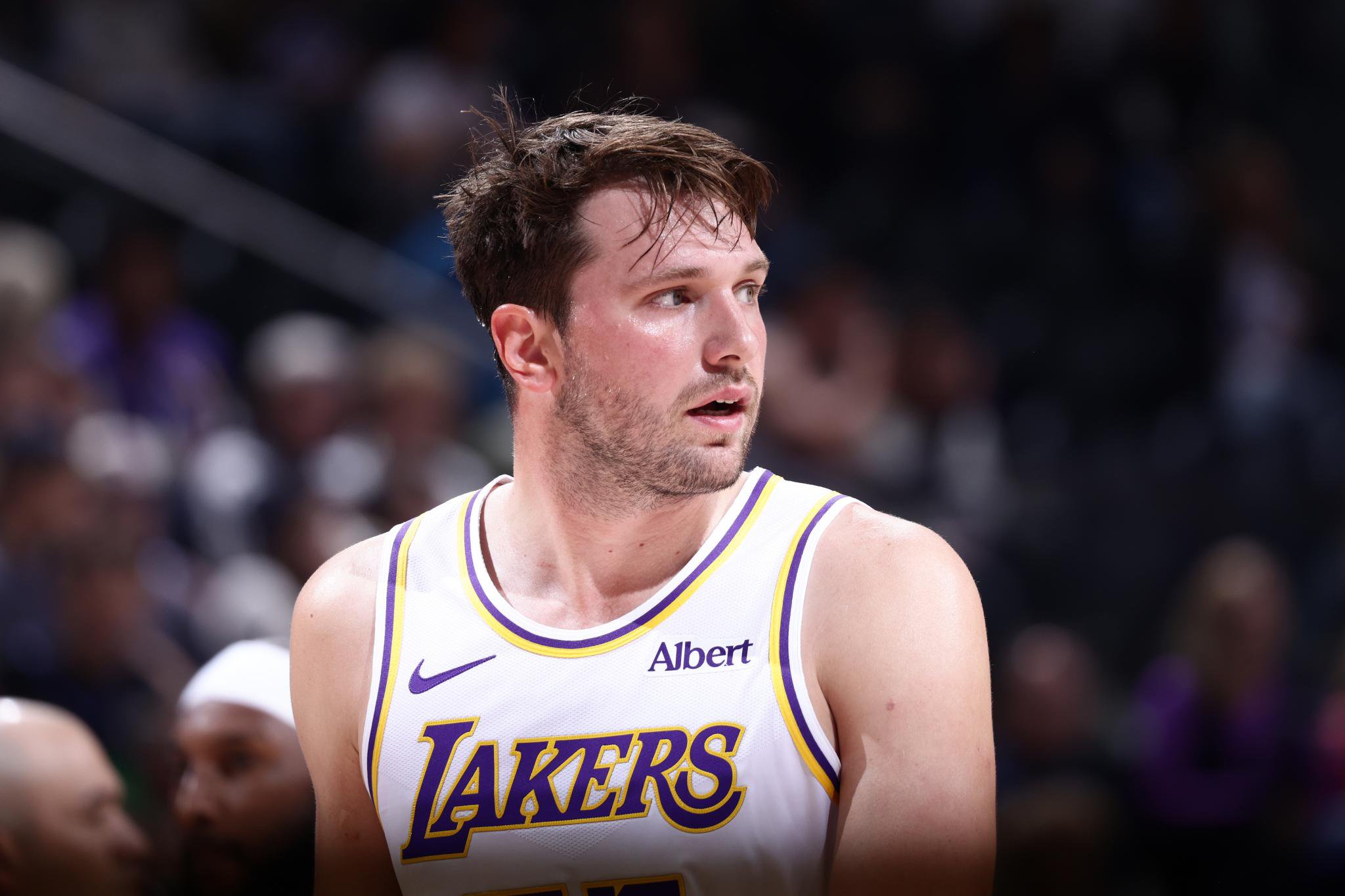 Luka Doncic #77 of the Los Angeles Lakers looks on during a game against the Utah Jazz at the Delta Center in Salt Lake City, Utah, Sunday, Oct. 25, 2026.