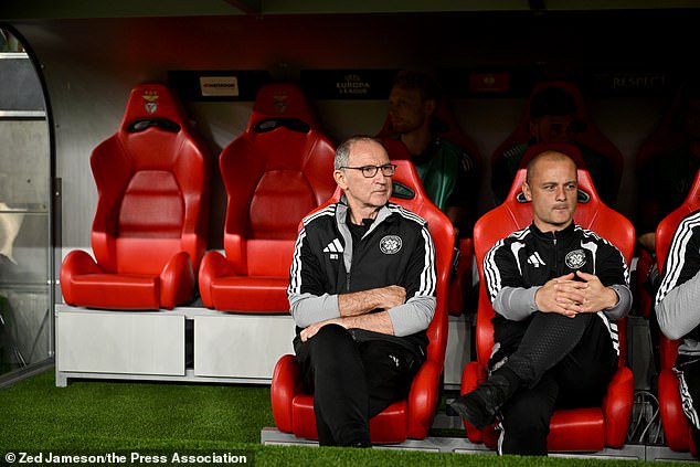 Manager Martin O'Neill and assistant Shaun Maloney look on as Celtic suffer in Lisbon