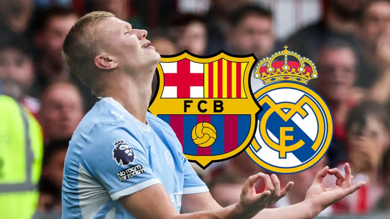 Man City striker Erling Haaland with Barcelona and Real Madrid badges