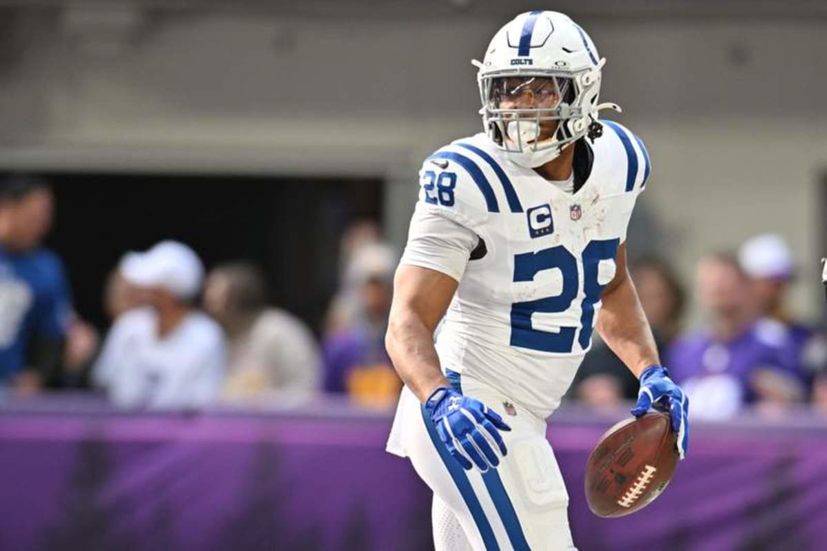 Oct 25, 2026; Minneapolis, Minnesota, USA; Indianapolis Colts running back Jonathan Taylor (28) reacts after rushing for a touchdown against the Minnesota Vikings in the first half at U.S. Bank Stadium. © Jeffrey Becker-Imagn Images