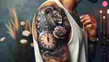 A man with a black and gray tattoo of a lion, rose, and clock on the upper arm