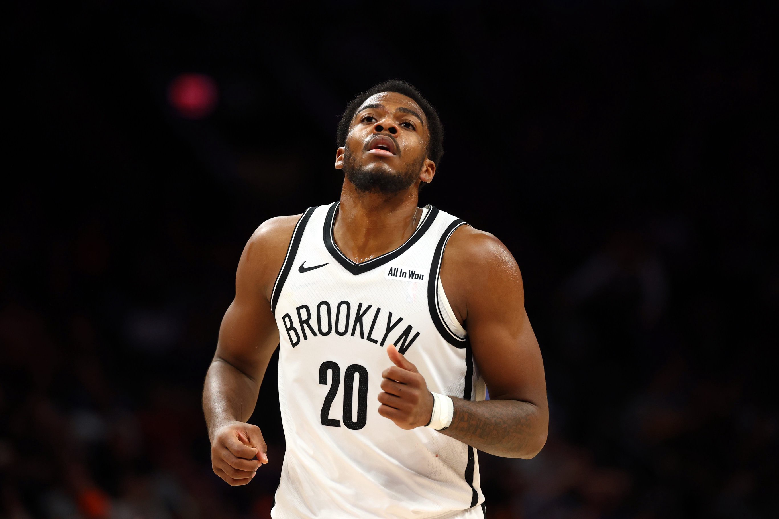Jan 27, 2026; Phoenix, Arizona, USA; Brooklyn Nets center Day'Ron Sharpe (20) against the Phoenix Suns at Mortgage Matchup Center. Mandatory Credit: Mark J. Rebilas-Imagn Images