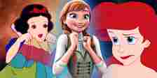 Split image of Snow White, Anna from Frozen, and Ariel from The Little Mermaid.