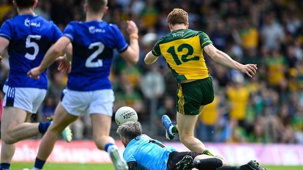 23 May 2026; Ciaran Moore of Donegal shoots to score his side's first goal past Kerry goalkeeper Shane Murphy during the GAA Football All-Ireland Senior Championship Round 1 match between Kerry and Donegal at Fitzgerald Stadium in Killarney, Kerry. Photo by Stephen McCarthy/Sportsfile