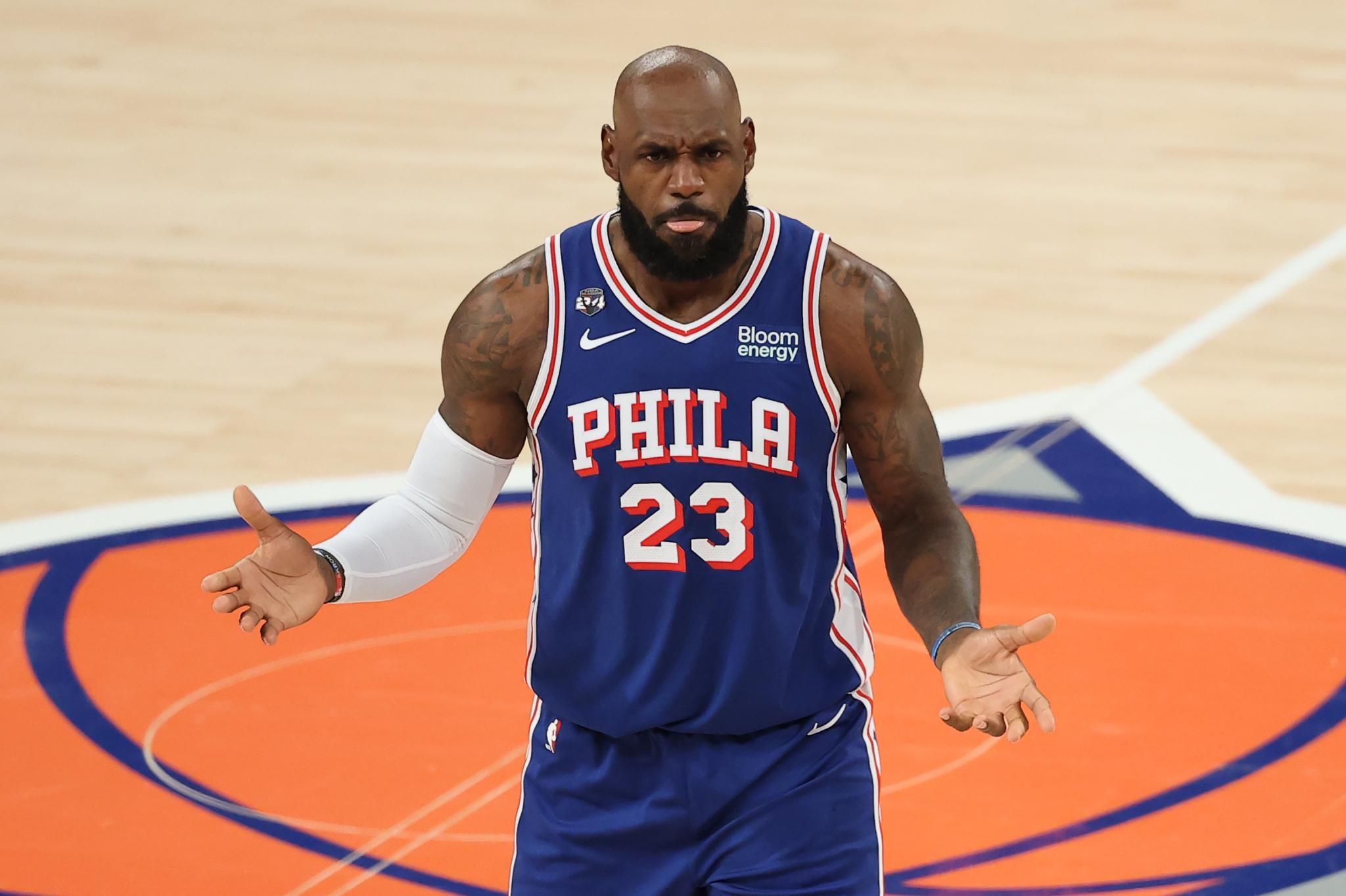 LeBron James #23 of the Philadelphia 76ers reacts during a game against the New York Knicks.