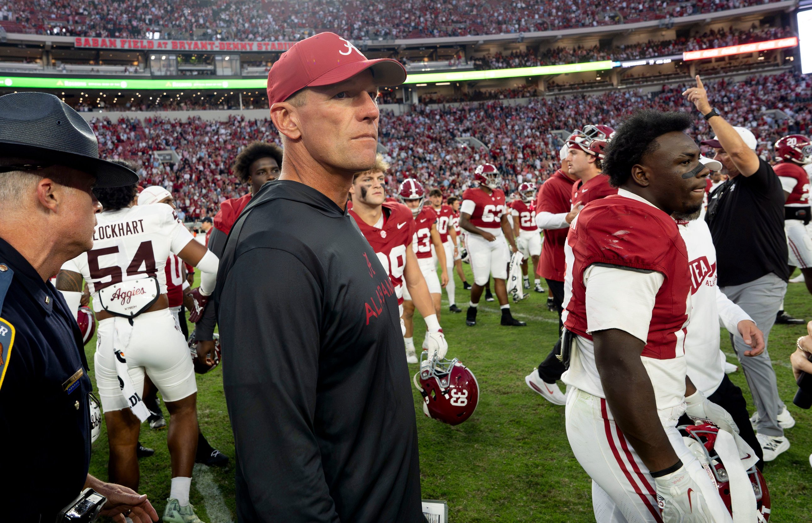 Oct 24, 2026; Tuscaloosa, AL, USA;  Alabama head coach Kalen DeBoer  leaves the field after Alabama’s win at Saban Field at Bryant Denny Stadium. Alabama defeated Texas A&amp;M 31-20. Mandatory Credit: Gary Cosby Jr.-Tuscaloosa News