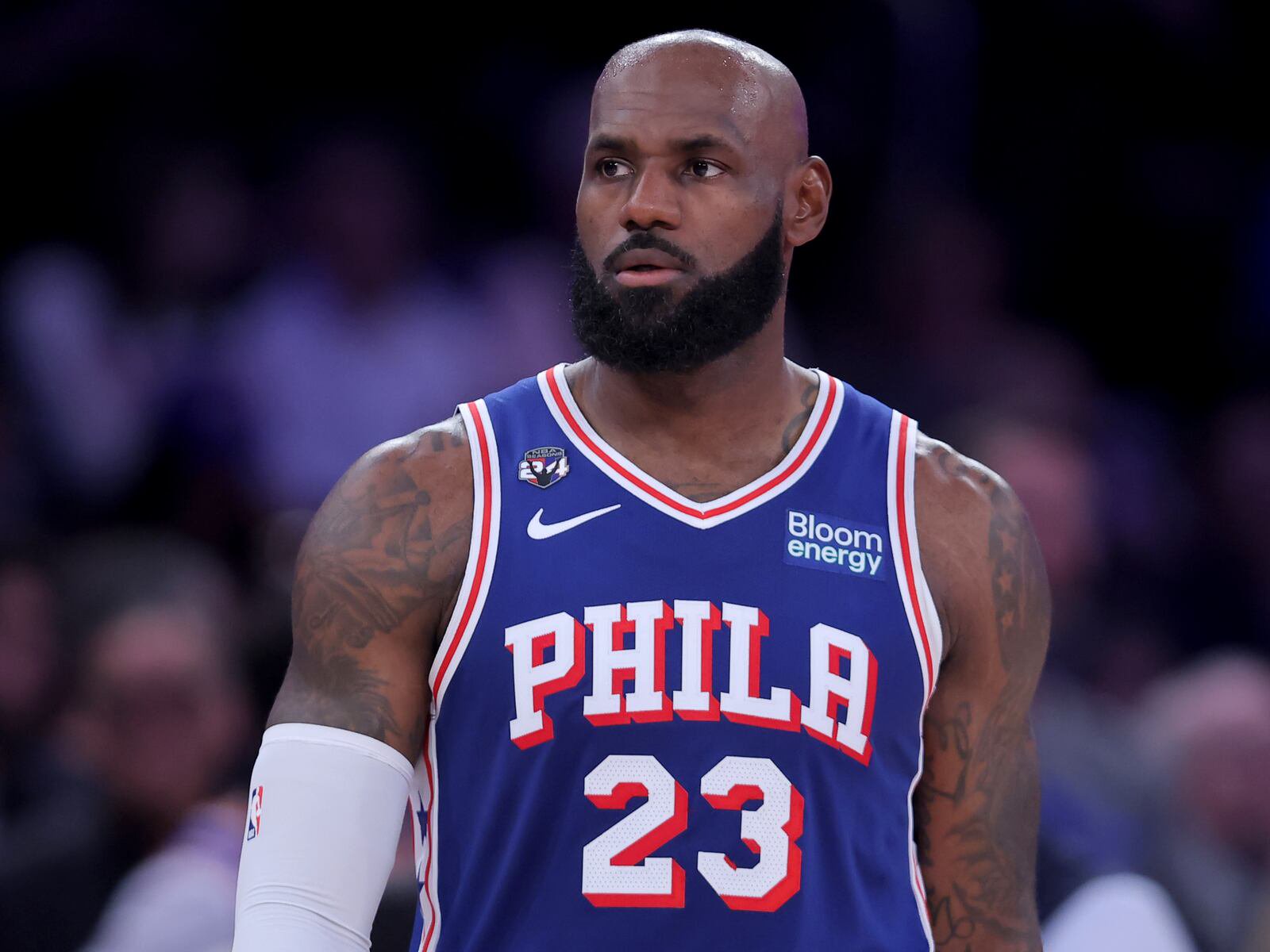 Oct 20, 2026; New York, New York, USA; Philadelphia 76ers forward LeBron James (23) walks onto the court for the second quarter against the New York Knicks at Madison Square Garden.
