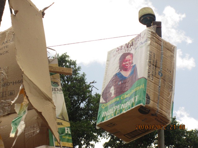 Senate aspirant Quneeas Chepchumba had to perch her poster on top of a tree after several others were vandalised.