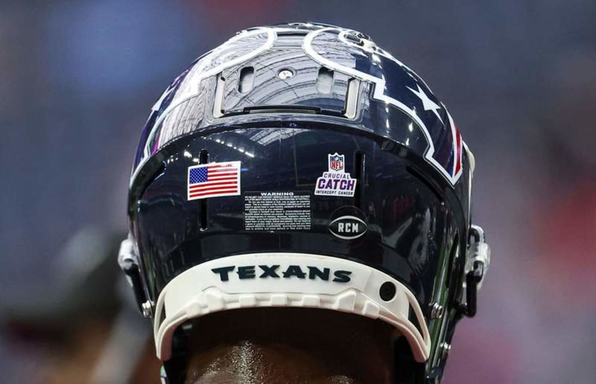 Oct 15, 2023; Houston, Texas, USA; General view of a Crucial Catch logo on the helmet of Houston Texans wide receiver Robert Woods (2) before the game against the New Orleans Saints at NRG Stadium. © Troy Taormina-USA TODAY Sports