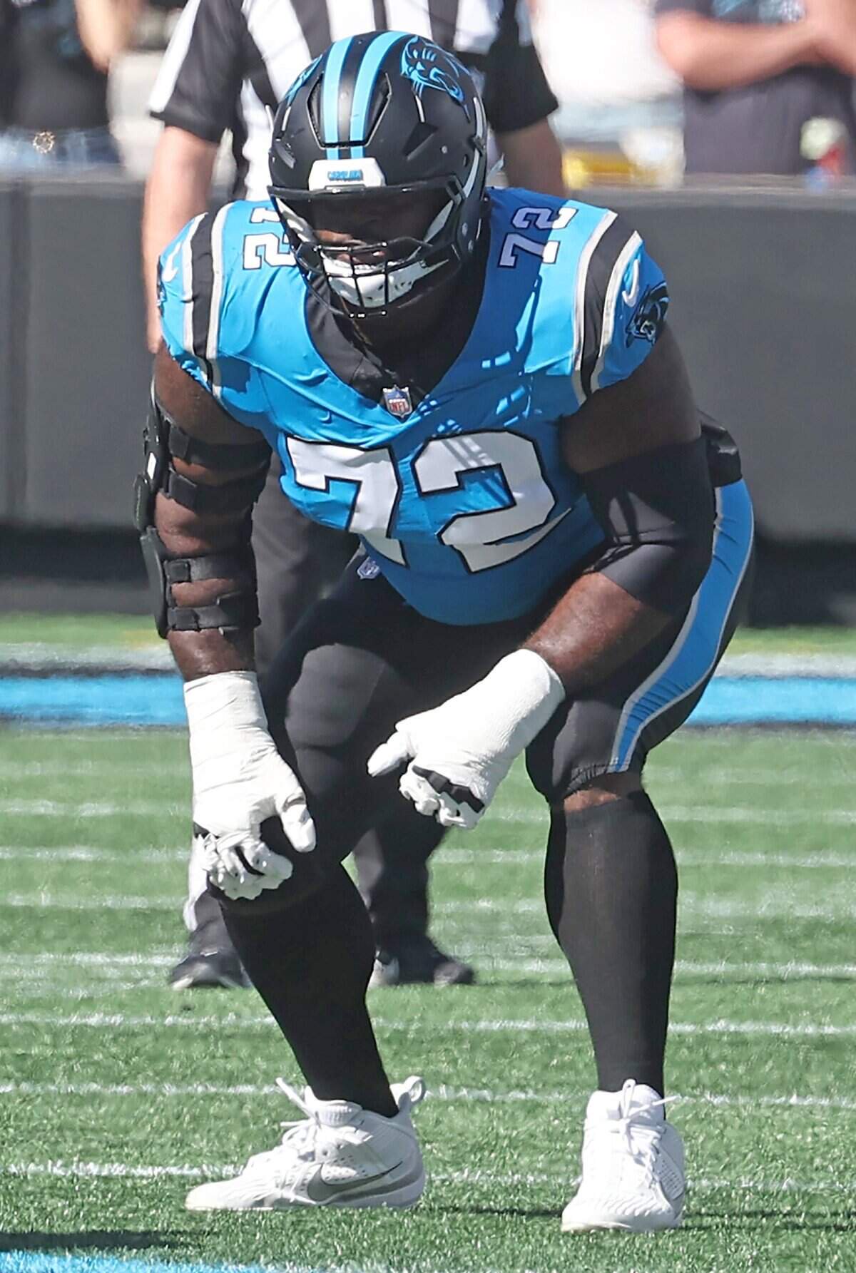 Carolina Panthers tackle Taylor Moton lines up against the Tampa Bay Buccaneers defense during action at Bank of America Stadium in Charlotte, NC on Sunday, October 25, 2026. Moton fractured the fibula in his left leg during the game. Tampa Bay defeated the Panthers 43-13.