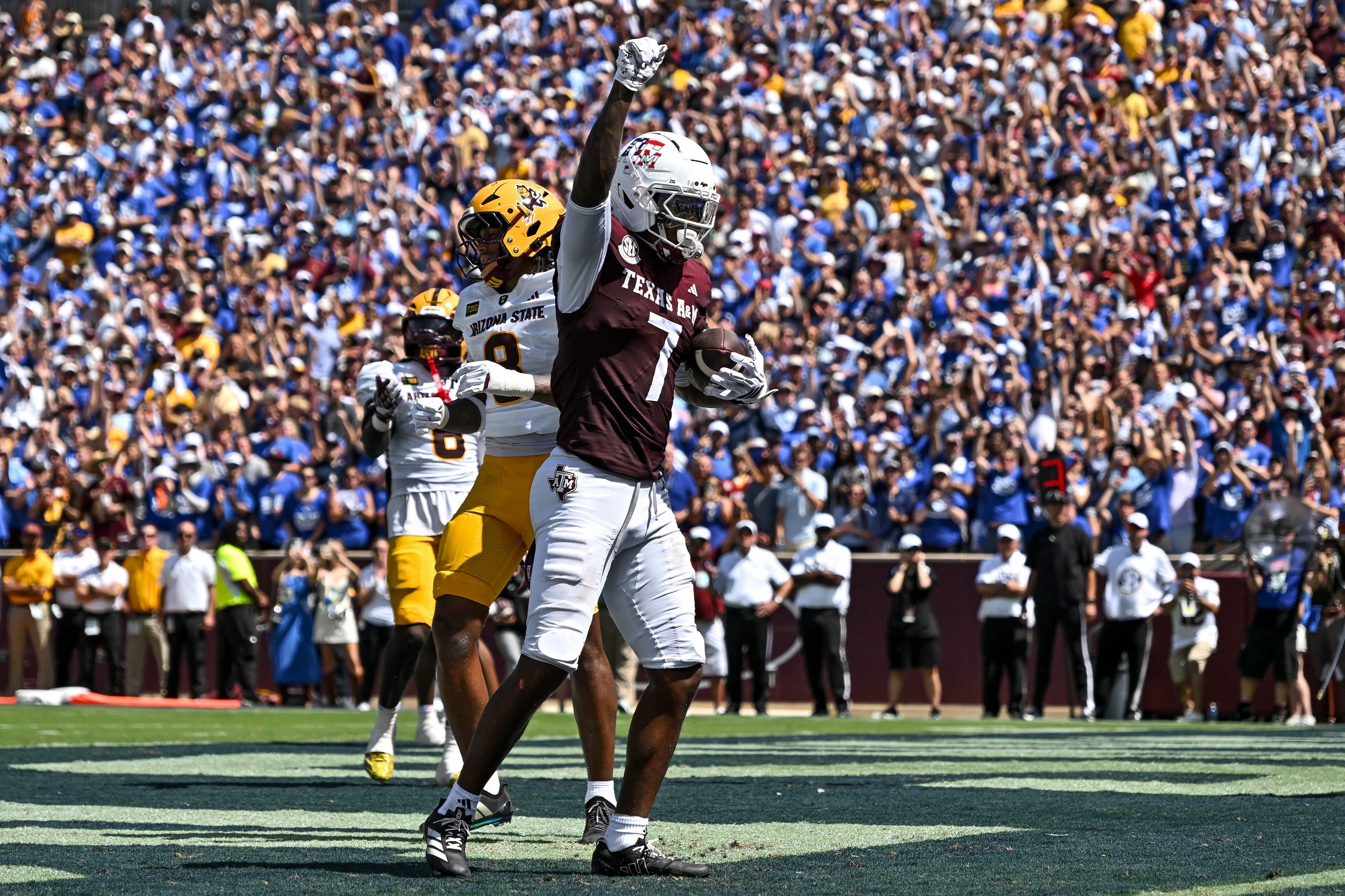 Sep 12, 2026; College Station, Texas, USA; Texas A&amp;M Aggies wide receiver Isaiah Horton (7) celebrates after scoring a touchdown against Arizona State Sun Devils at Kyle Field. Mandatory Credit: Maria Lysaker-Imagn Images