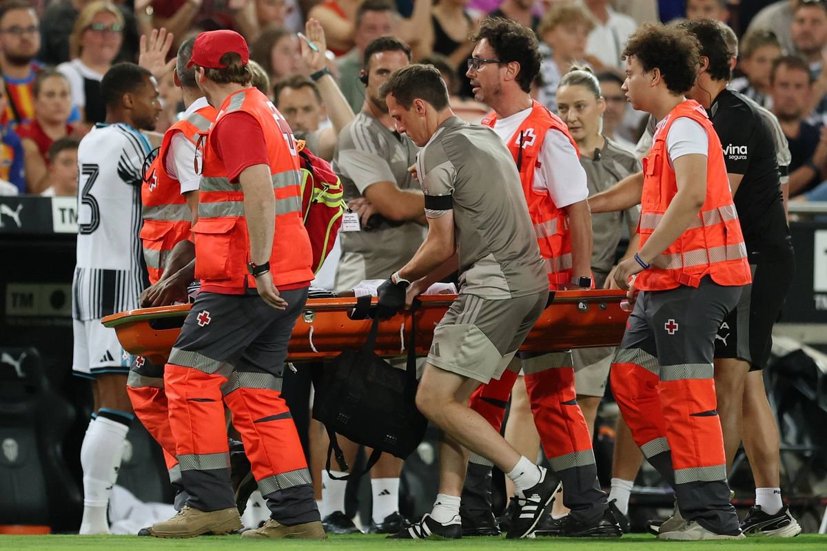Anthony Elanga of Newcastle United is stretchered off after getting injured during the pre-season friendly with Valencia