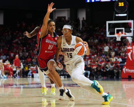 Atlanta Dream guard Allisha Gray drives to the basket past Washington Mystics guard Cassandre Prosper during the second half of Game 2 of their first-round playoff series on Wednesday in Washington.