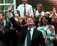 FILE - Britain's new Prime Minister Tony Blair, waves to well wishers in Downing Street, London, May 2, 1997. The upcoming general election on July 4, 2024, is widely expected to lead to a change of government for the first time in 14 years. In 1997, the Labour Party had been out of power for longer than it has been now - 18 years - and it was quite a turnaround when Labour, under the leadership of the youthful Tony Blair, won the May 1, 1997 general election by a landslide majority of 179 seats.
