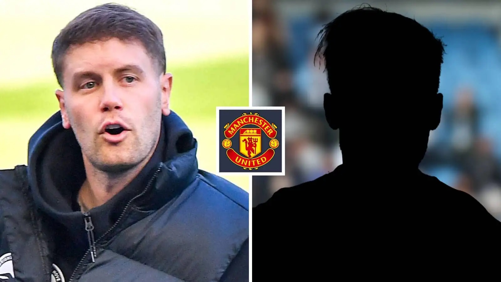Split image of Brighton and Hove Albion manager Fabian Hurzeler and a shadow, with the Manchester United badge in between - copyright TEAMtalk