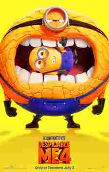 A new poster for Despicable Me 4 showing a larger, rock-like minion biting down on a smaller minion
