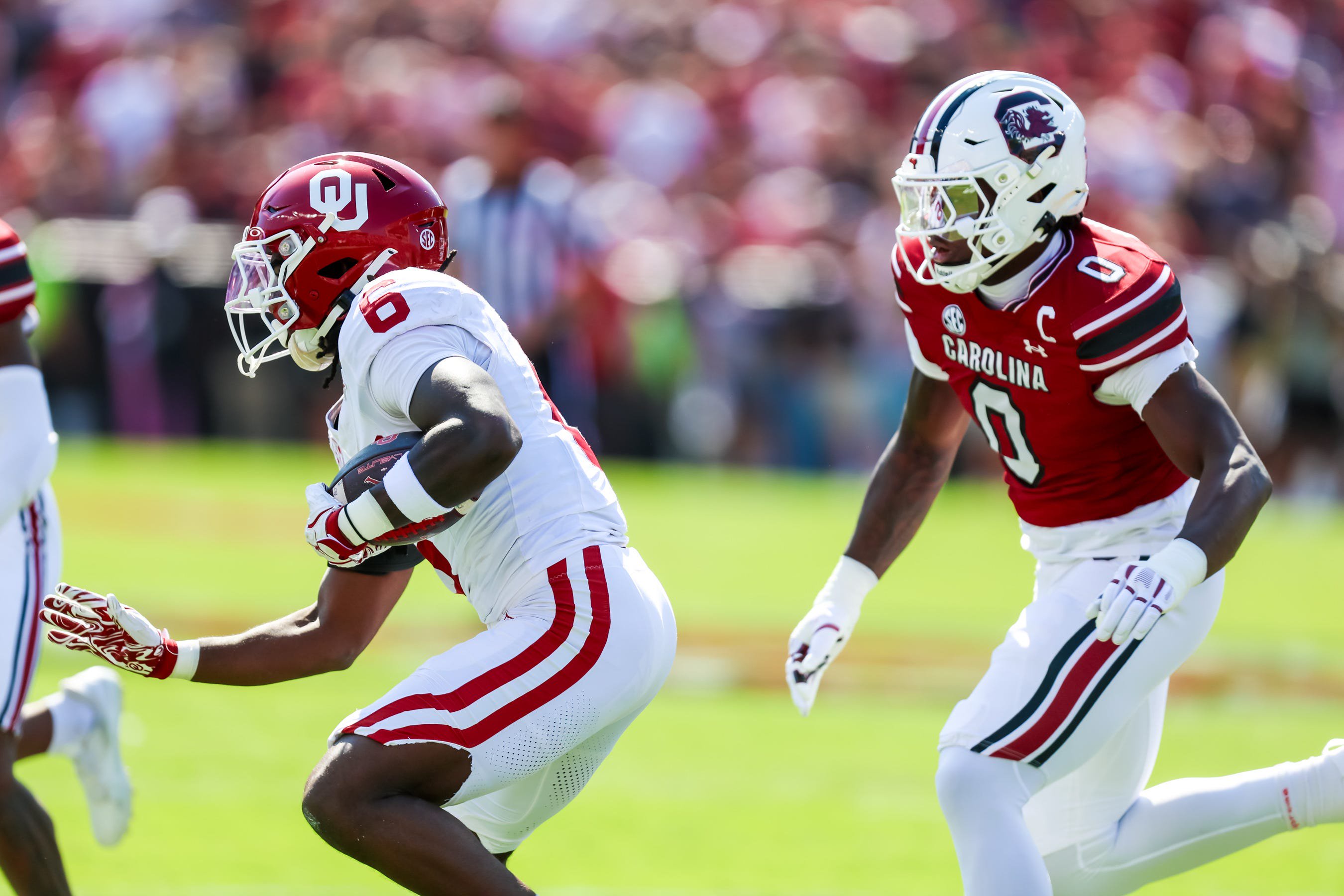 Oct 18, 2025; Columbia, South Carolina, USA; Oklahoma Sooners running back Tory Blaylock (6) rushes against the South Carolina Gamecocks in the first quarter at Williams-Brice Stadium. Mandatory Credit: Jeff Blake-Imagn Images