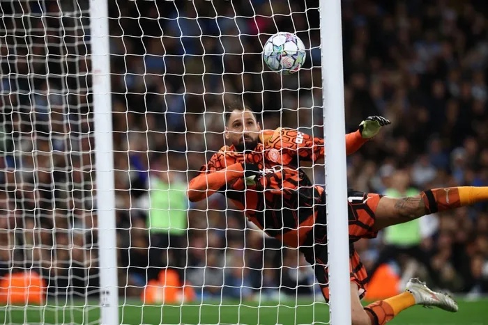 Manchester City's Gianluigi Donnarumma fails to save a shot on goal from PSG's Maghnes Akliouche during their Uefa Champions League encounter at the Etihad Stadium in Manchester on Wednesday night.  
