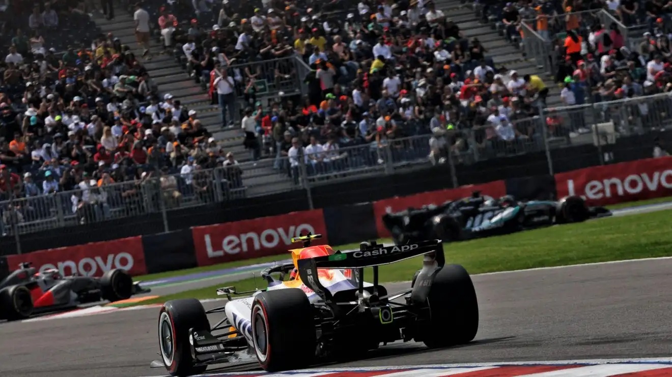 A Racing Bulls on track during practice for the Mexican GP.