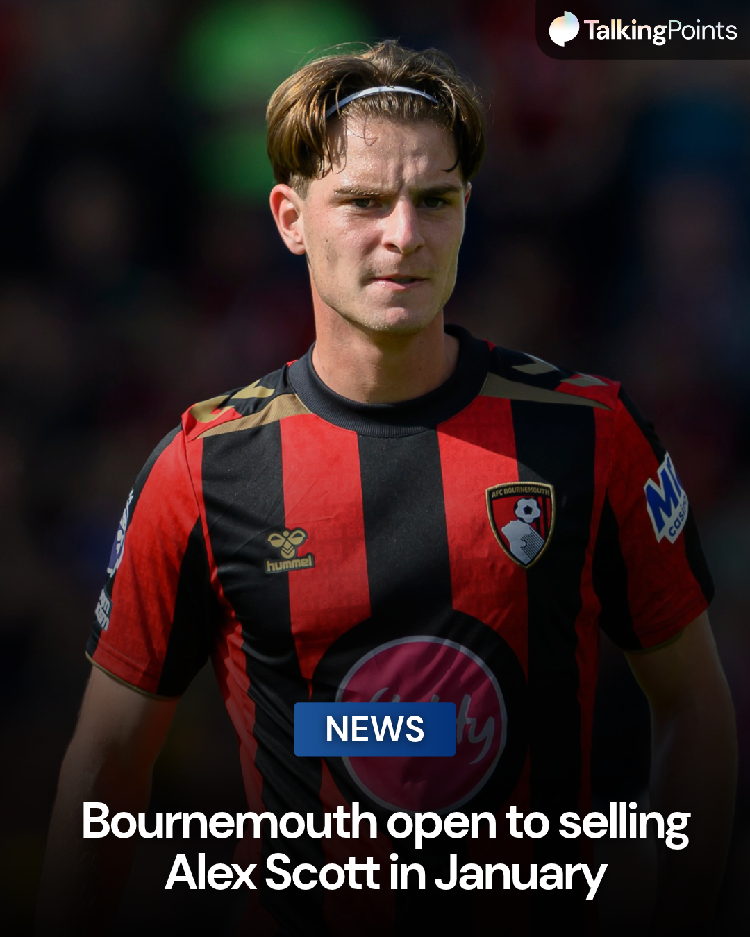 Image of Bournemouth's Alex Scott looking off camera during a match against Liverpool, with a news overlay about him potentially being on sale in January