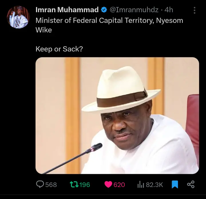 Tinubu: Reactions After Nigerians Were Asked Nyesom Wike Should Kept Sacked Minister