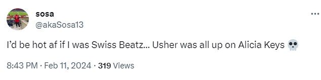 Many social media users took to X following the show, tweeting that it was 'inappropriate' for Usher to hug Keys when they were both in relationships