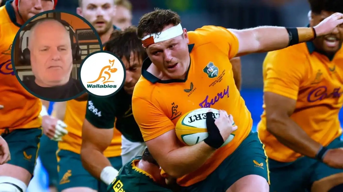 Wallabies prop Angus Bell with an inset of ex-head coach Ewen McKenzie.