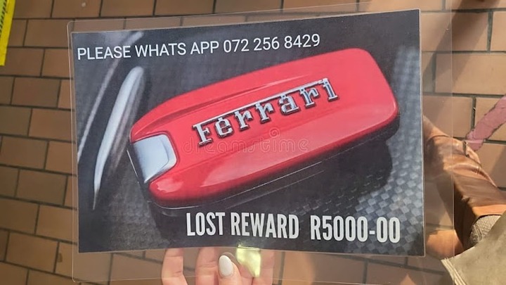 A R5,000 reward is being offered by a woman in Pretoria for the safe return of the key to her white Ferrari FF. She doesn't own a spare key.