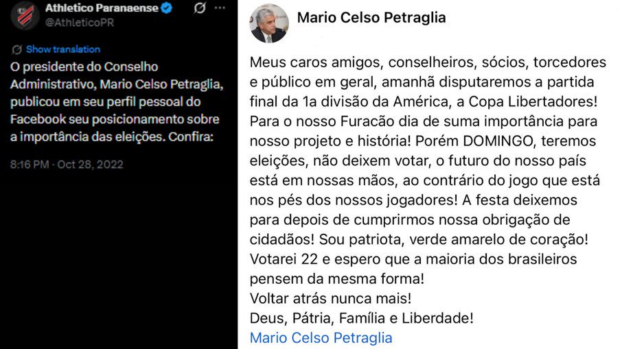 Post do Athletico-PR com o apoio de Petraglia a Bolsonaro