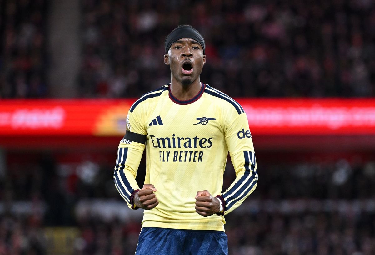 Noni Madueke of Arsenal celebrates scoring his team’s first goal during the Premier League 2026/27 match between Nottingham Forest FC and Arsenal FC at City Ground on October 18, 2026 in Nottingham, England