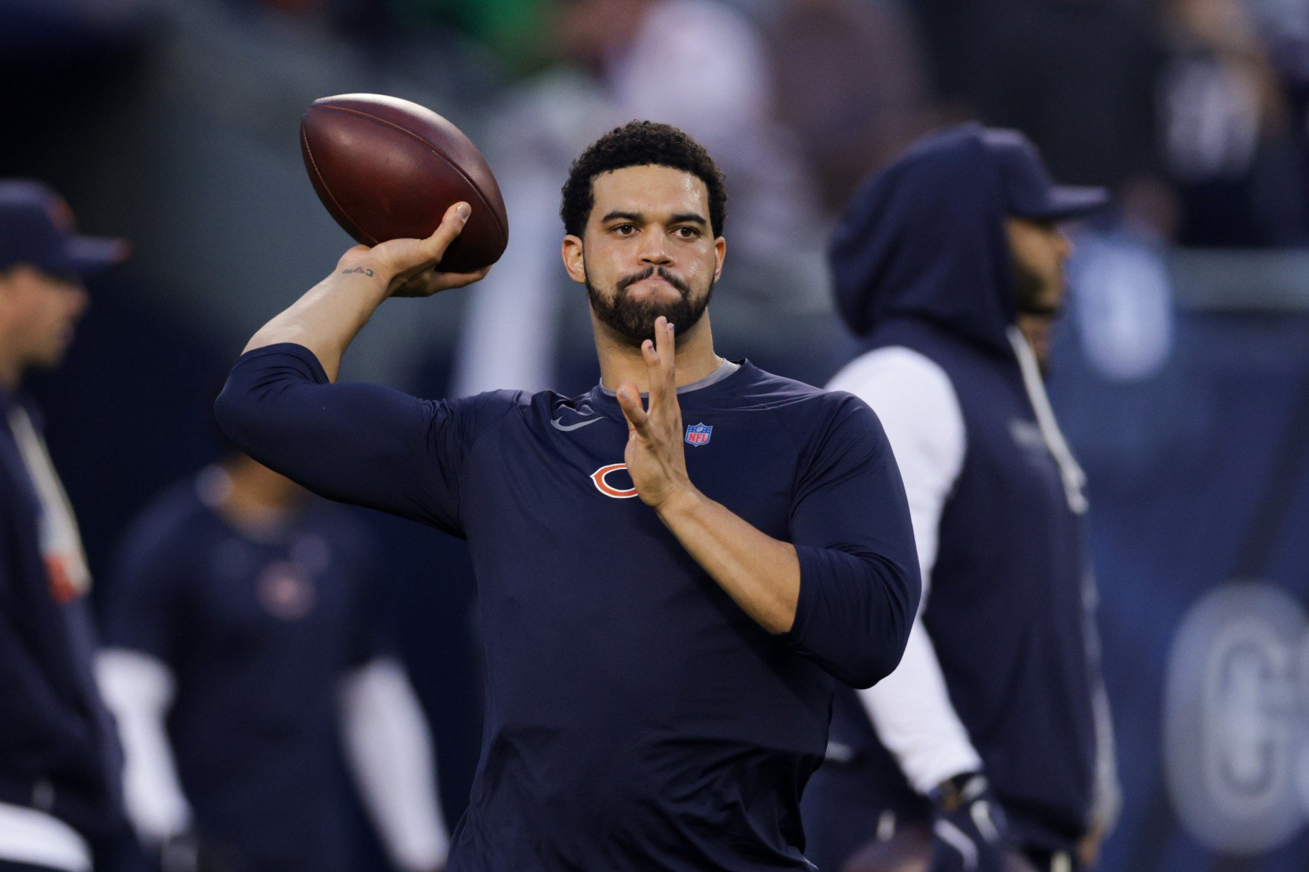 Bears quarterback Caleb Williams warms up on the field before the Bears play the Patriots at Soldier Field on Oct. 22, 2026, in Chicago. (Armando L. Sanchez/Chicago Tribune)