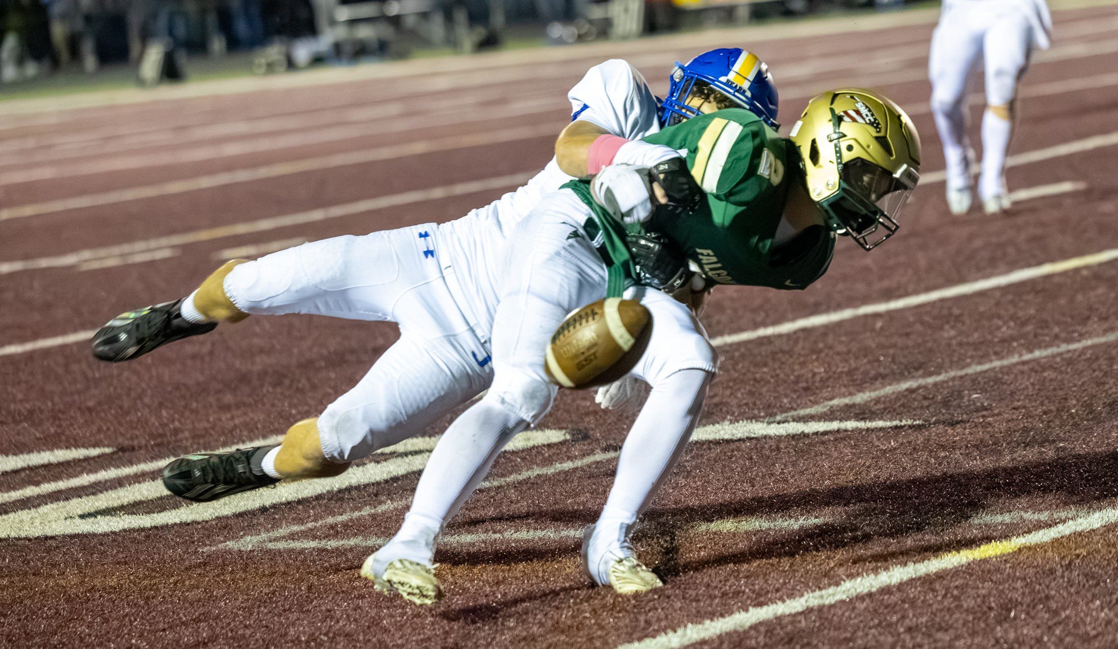 Jefferson's Hunter Barton forces St. Mary Catholic Central's Brady Reinhardt to fumble on a 2-point conversion attempt  during an 8-6 Jefferson win against SMCC on Friday Oct. 16, 2026.