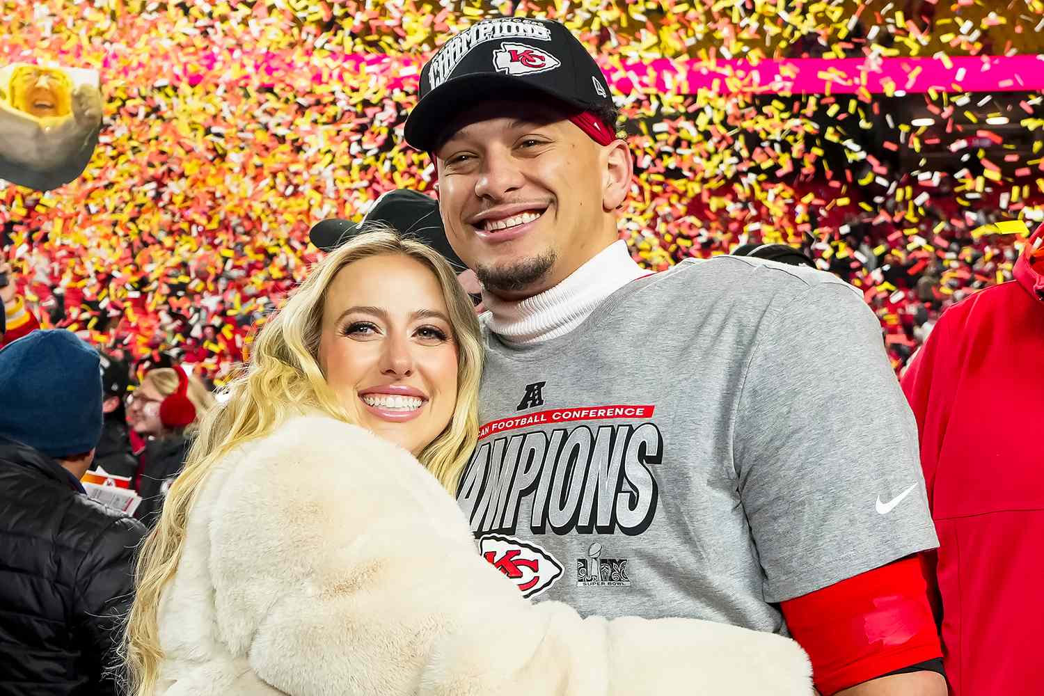 Brittany and Patrick Mahomes pose for a photo after the Chiefs beat the Bills in the 2025 AFC Championship game.Credit: Todd Rosenberg/Getty